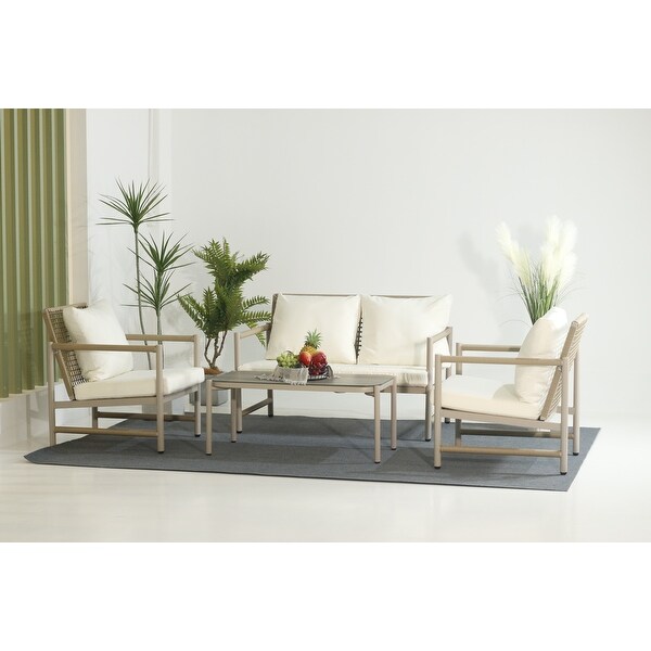 4Pieces Patio Conversation Sets，PE Rattan Wicker Outdoor Sofa Set with Washable Cushion and Tempered Glass Tabletop