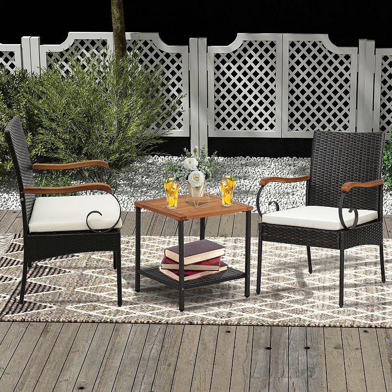 Set of Outdoor PE Wicker Chair with Acacia Wood Armrests Set of 4