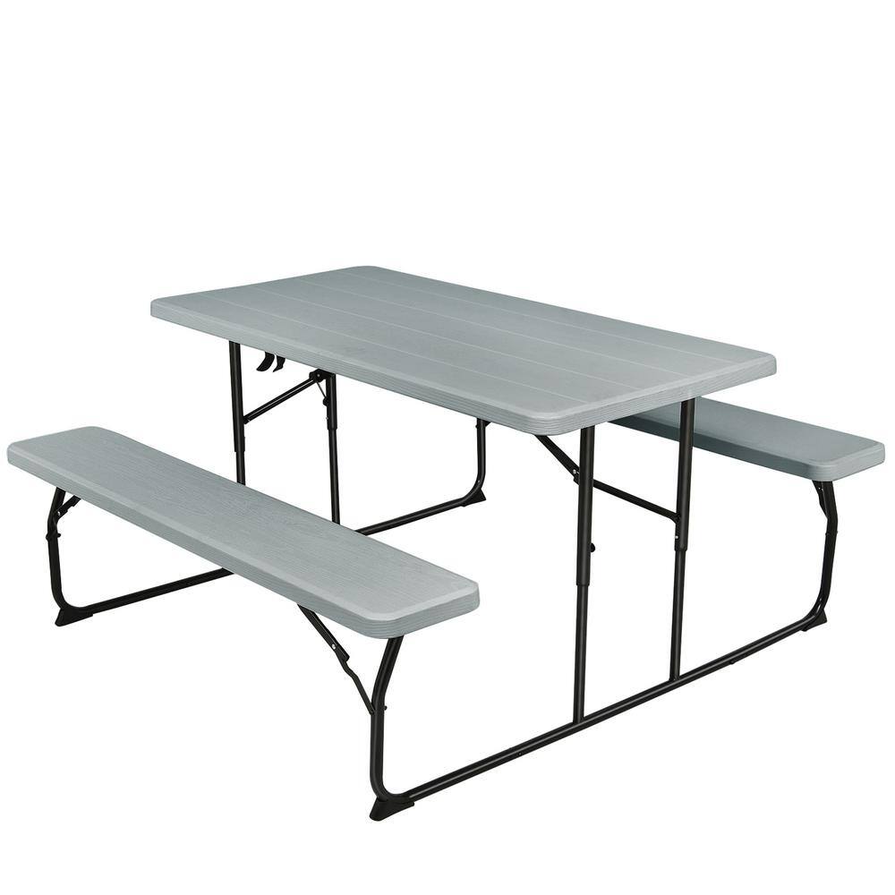 Gymax Metal Outdoor Folding Picnic Table and Bench Set for Camping BBQ with Steel Frame Grey GYM09691