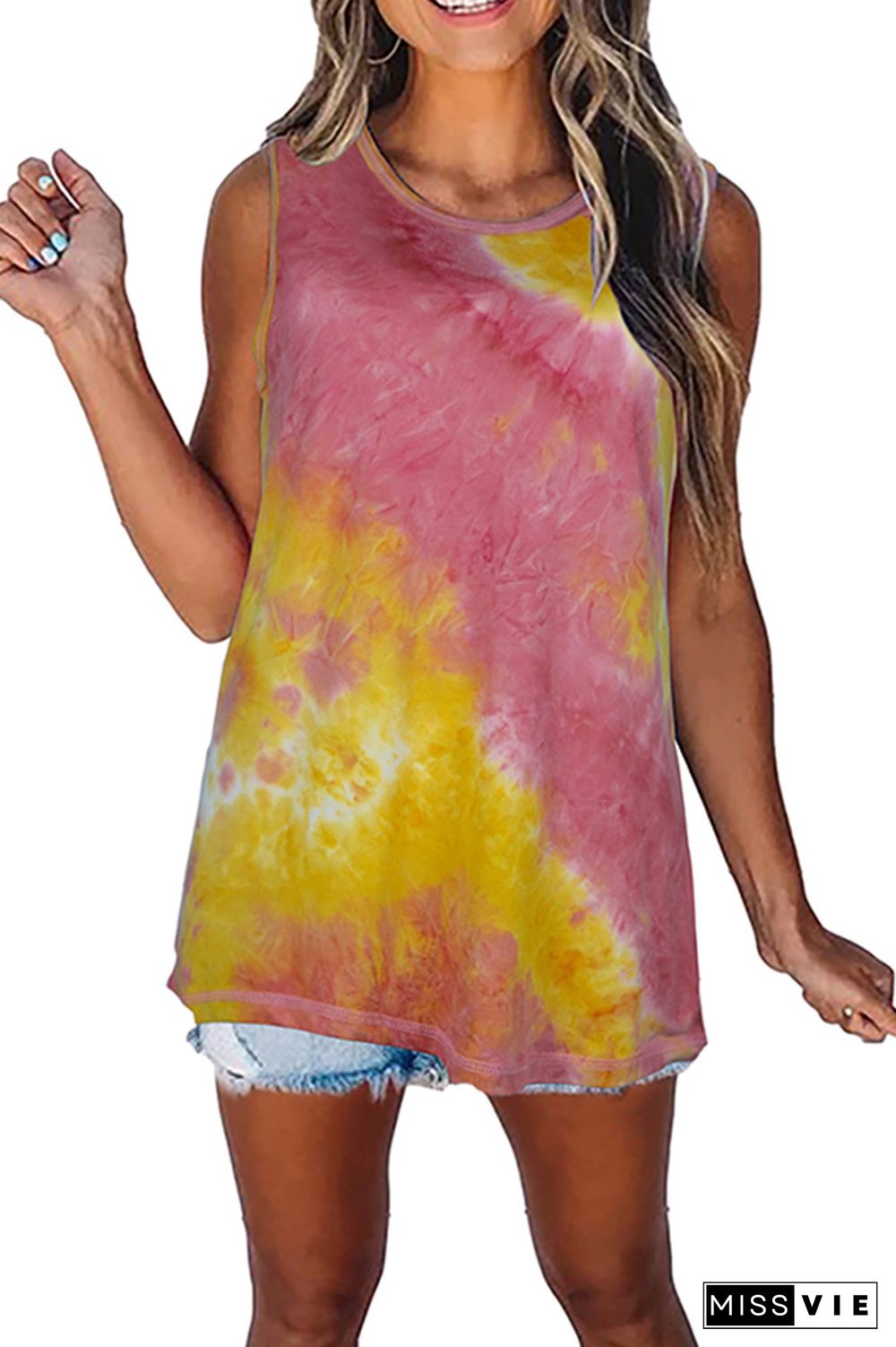 Rose Red Tie-Dye Round Collar Tank Top