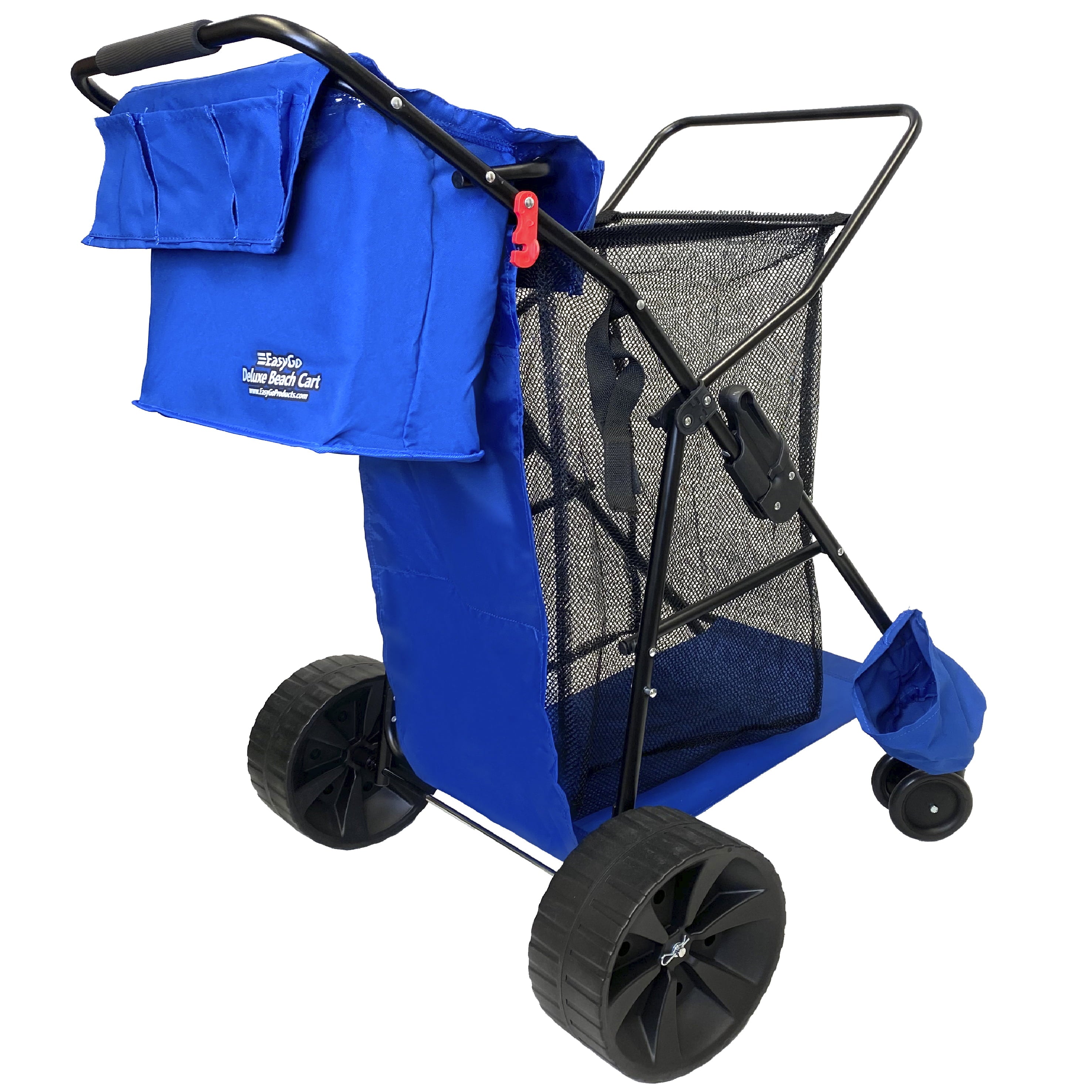 Beach Umbrella Wagon Cart Deluxe – Heavy Duty Folding Ocean Utility Cart – Large Sand Wheels – Holds 4 Beach Chairs – Storage Pouch - Beach Umbrella Holder –Removable Beach Bag - Solid Blue