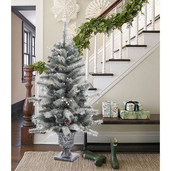 4Ft PreLit LED Artificial Flocked Pine Christmas Tree Potted (Set of 2)