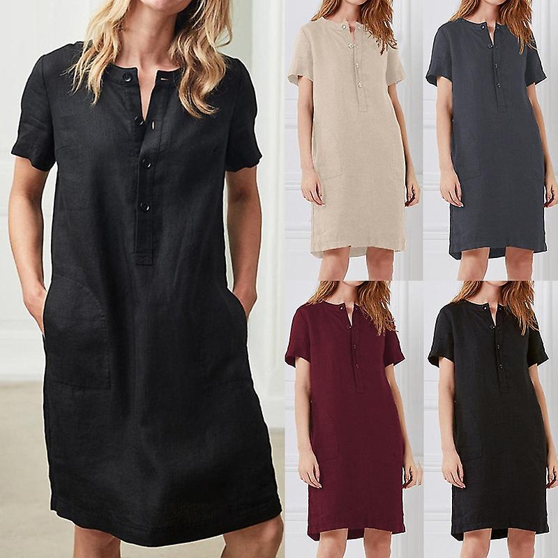 2022 European And American Cross-border    Hot Sale Cotton And Linen Loose Short-sleeved Mid-length Women's Dress Spot Red Wine 2xl  2xl