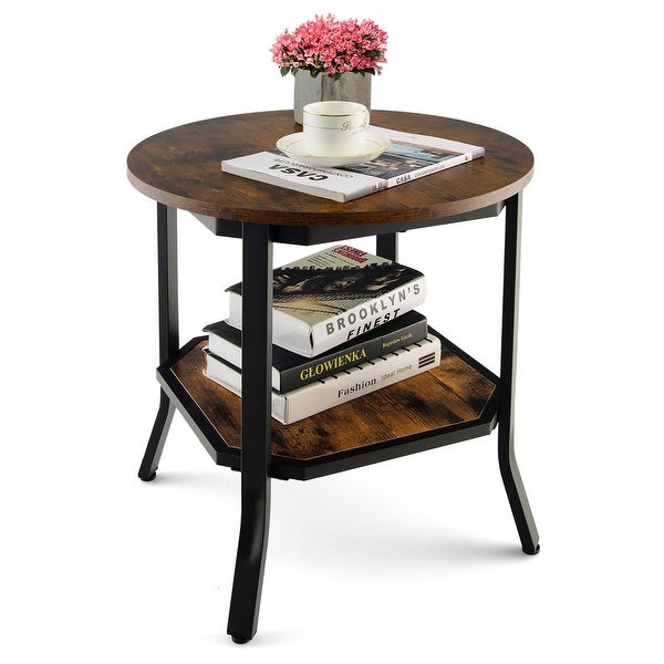 Round End Table 2 Tier Coffee Table Nightstand with Storage Shelf