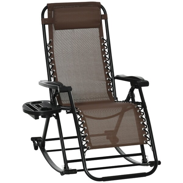 Outsunny Zero Gravity Reclining Lounge Chair Patio Folding Rocker w/ Side Tray Slot Backrest Pillow Cup Phone Holder Brown