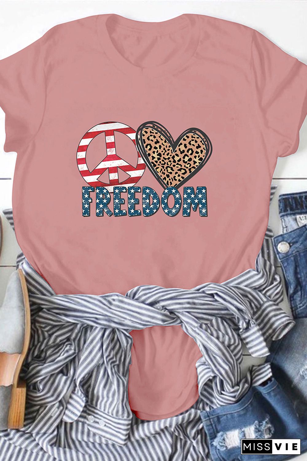 Peace Love Freedom Print Short Sleeve Graphic Tee Wholesale