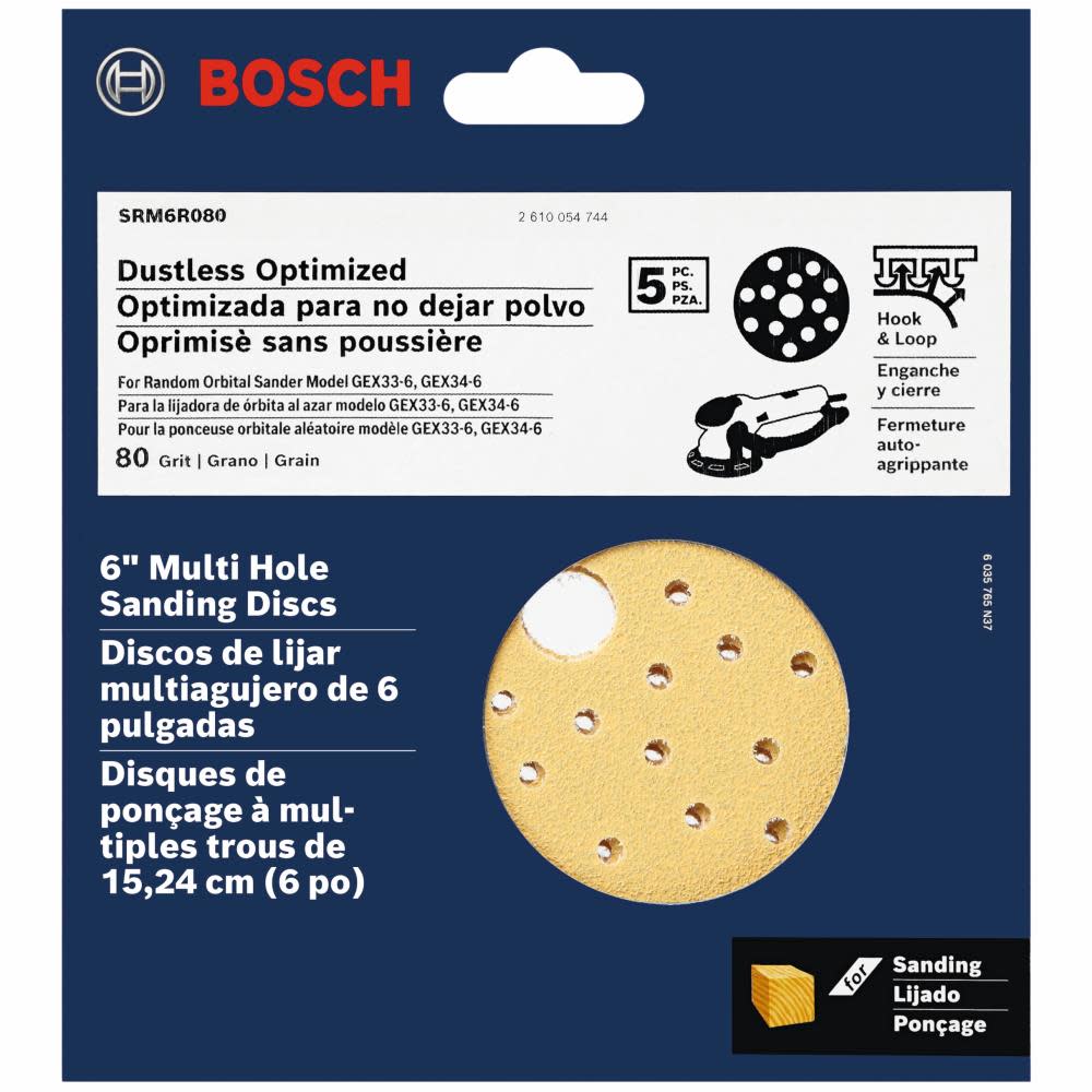 Bosch Multi Hole Hook And Loop Sanding Discs 80 Grit 6 5pc