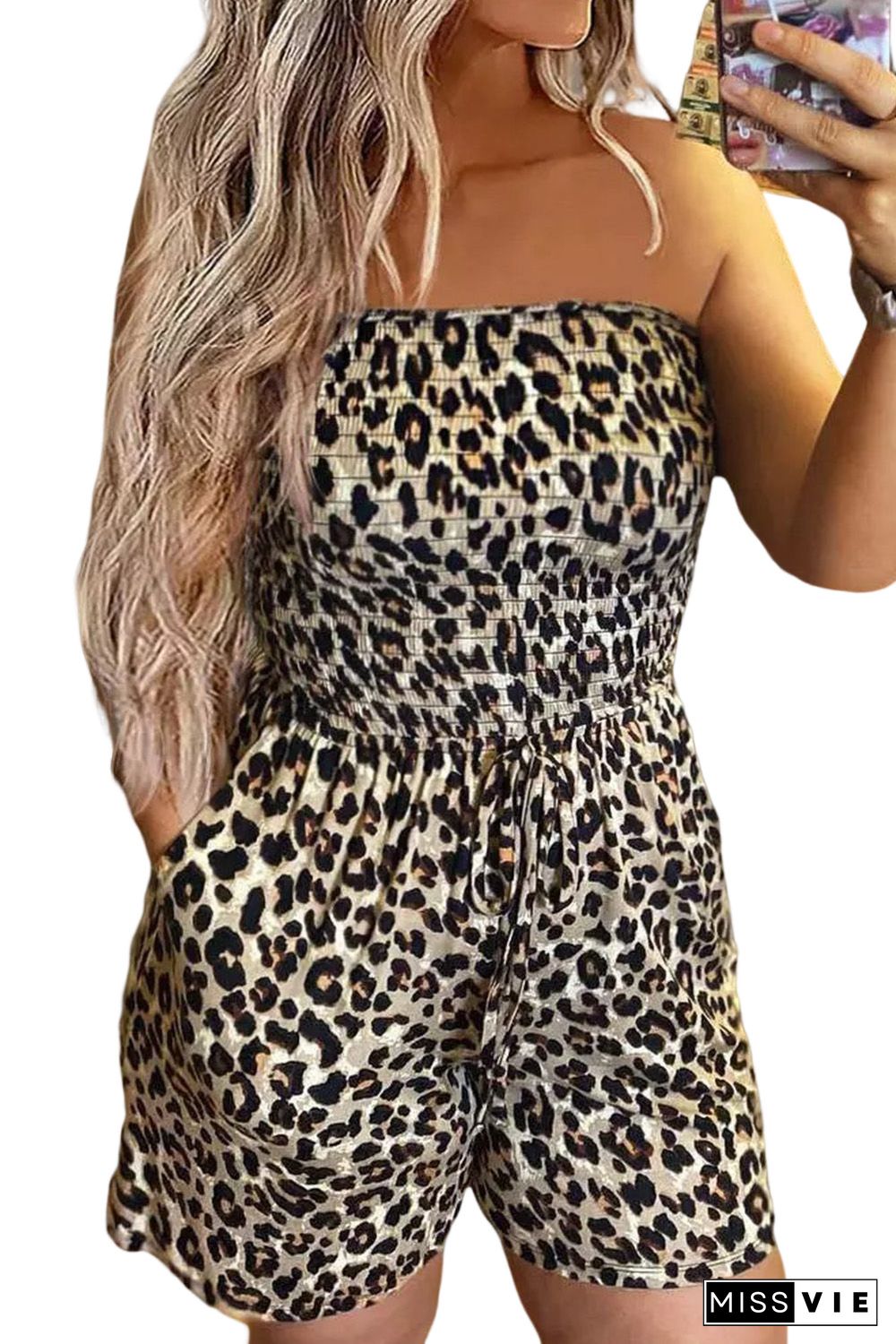 Leopard Strapless Smocked Bodice Drawstring Romper