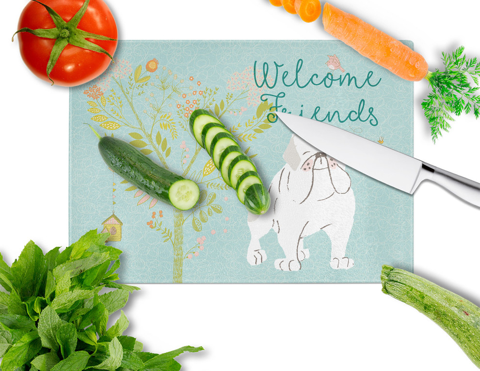 Welcome Friends English Bulldog White Glass Cutting Board  Large   Contemporary   Cutting Boards   by the store  Houzz