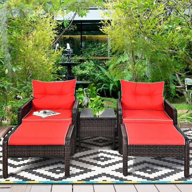 Costway 5 Pcs Patio Rattan Furniture Set Sofa Ottoman Table W cushion Garden Red