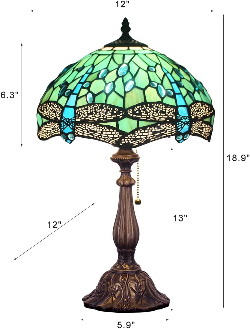 SHADY Tiffany Lamp W12H19 Inch Green Stained Glass Dragonfly Style Table Reading Lamp Nightstand Bedside Desk Light Decor Living Room Bedroom Home Office Work Study Pull Chain Switch