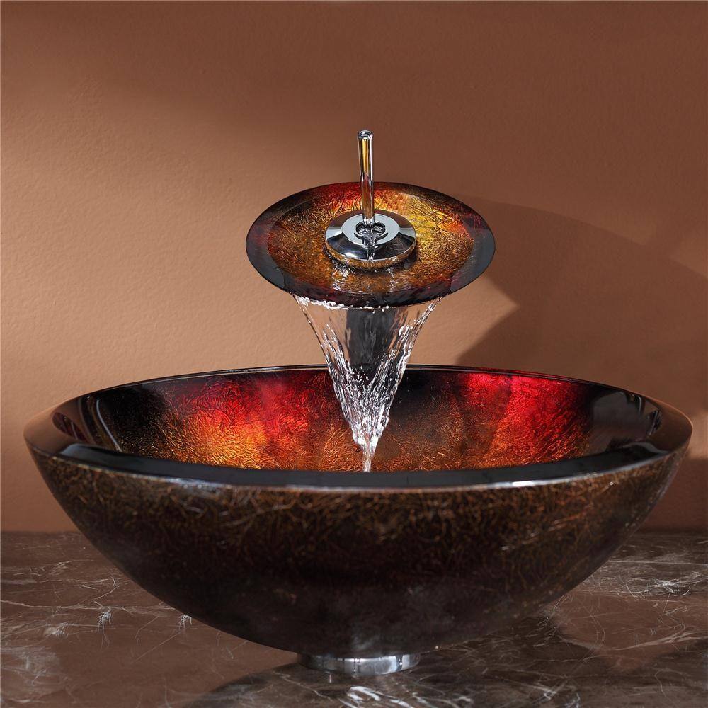 KRAUS Mercury Glass Vessel Sink in RedGold with Waterfall Faucet in Chrome C-GV-680-19mm-10CH