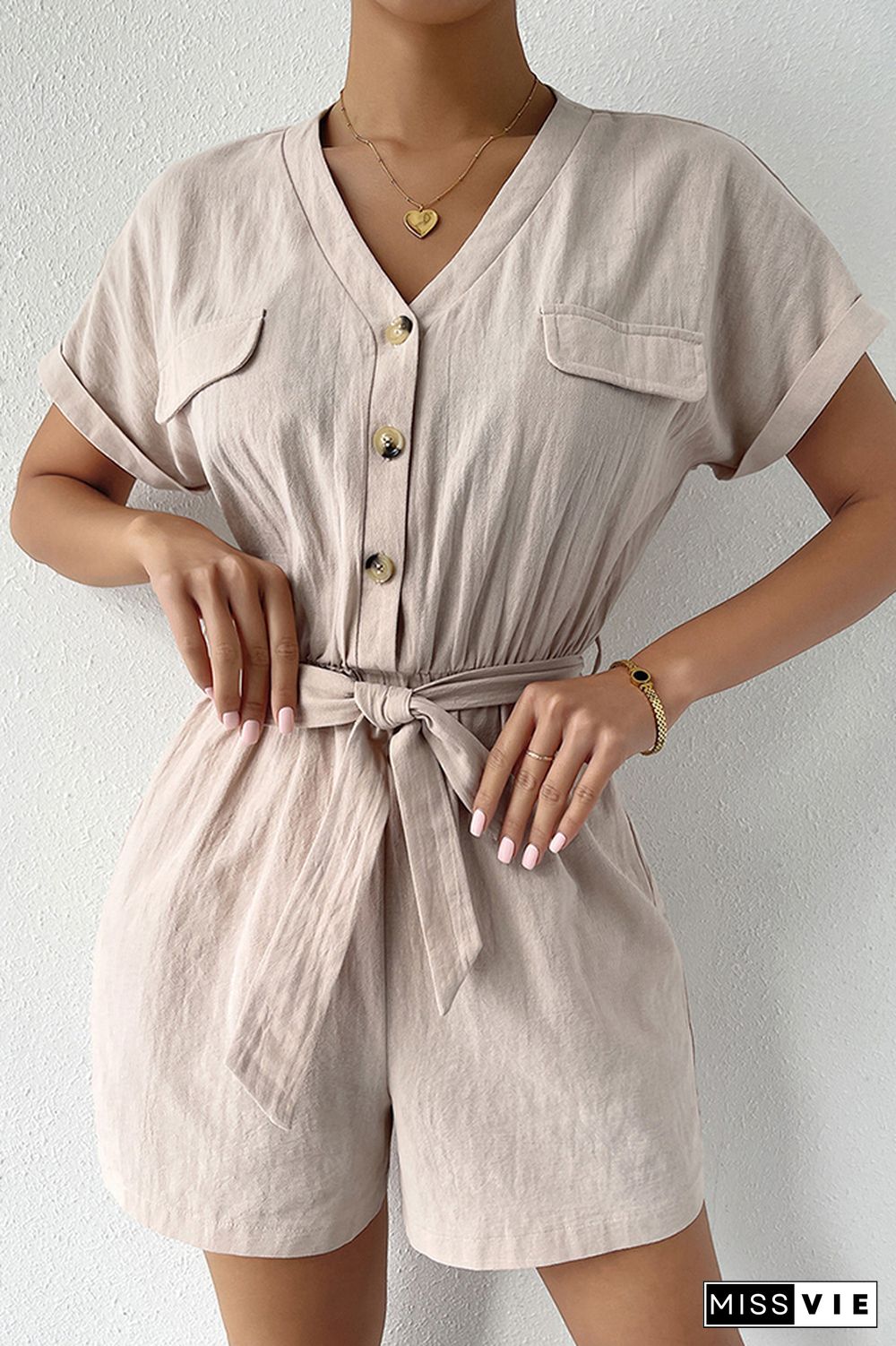 V-neck Short Sleeve Tie Waist Shorts Romper Wholesale