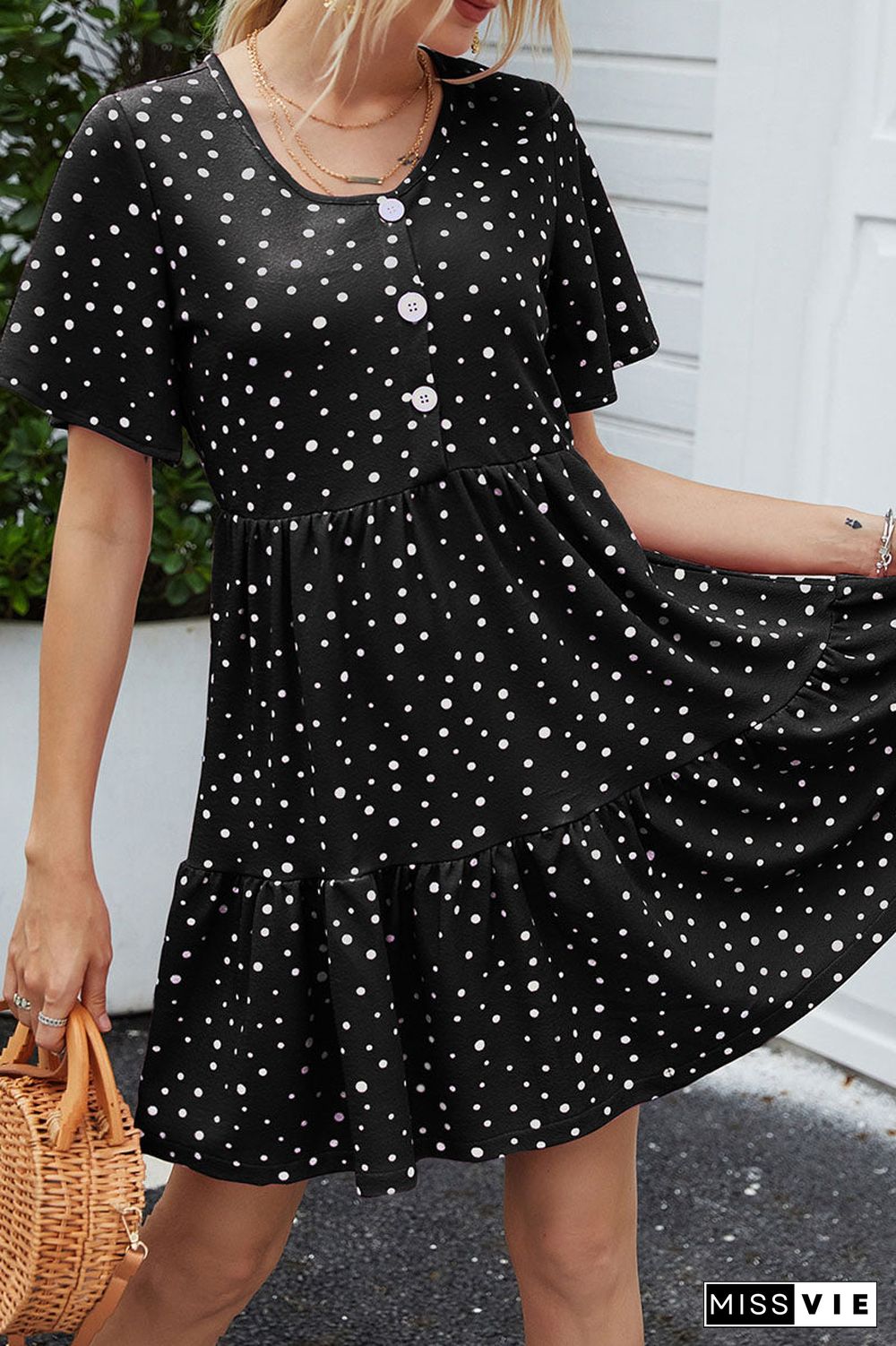 Fashion Casual Dot Split Joint O Neck A Line Dresses