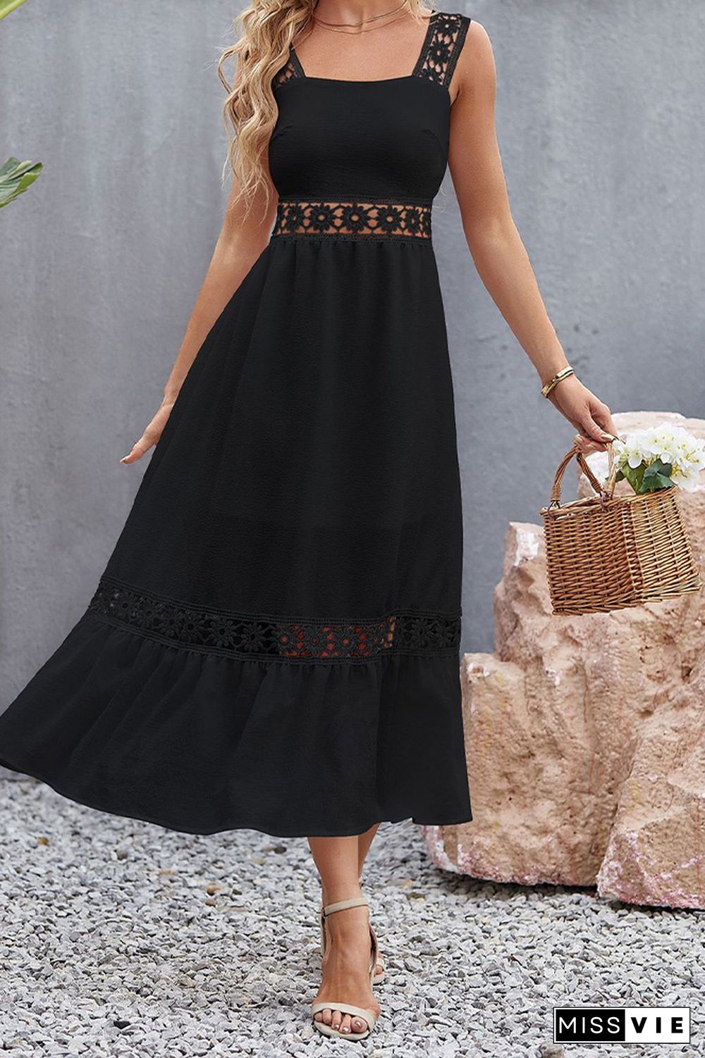 Lace Strap Square Neck Hollow Out Waist Maxi Dress