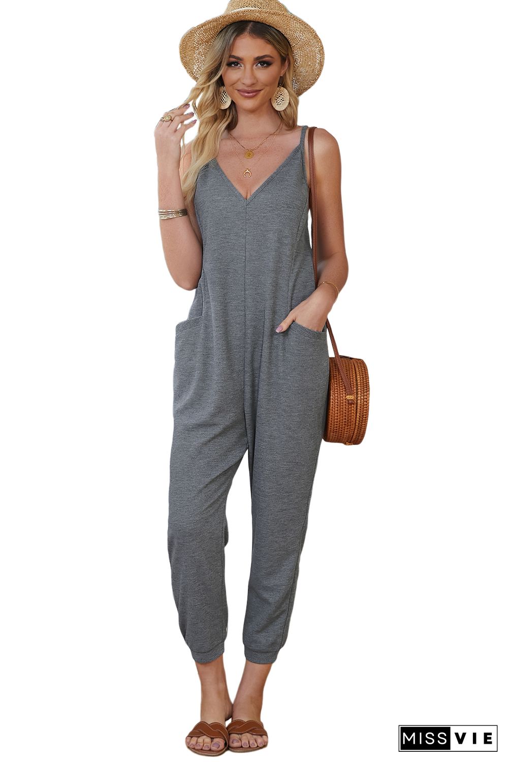 Gray Textured Sleeveless V-Neck Pocketed Casual Jumpsuit