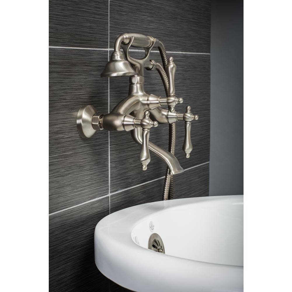 PELHAM  WHITE Vintage Style 3-Handle Wall Mount Claw Foot Tub Faucet with Metal Levers and Handshower in Brushed Nickel PW82510-L-BN