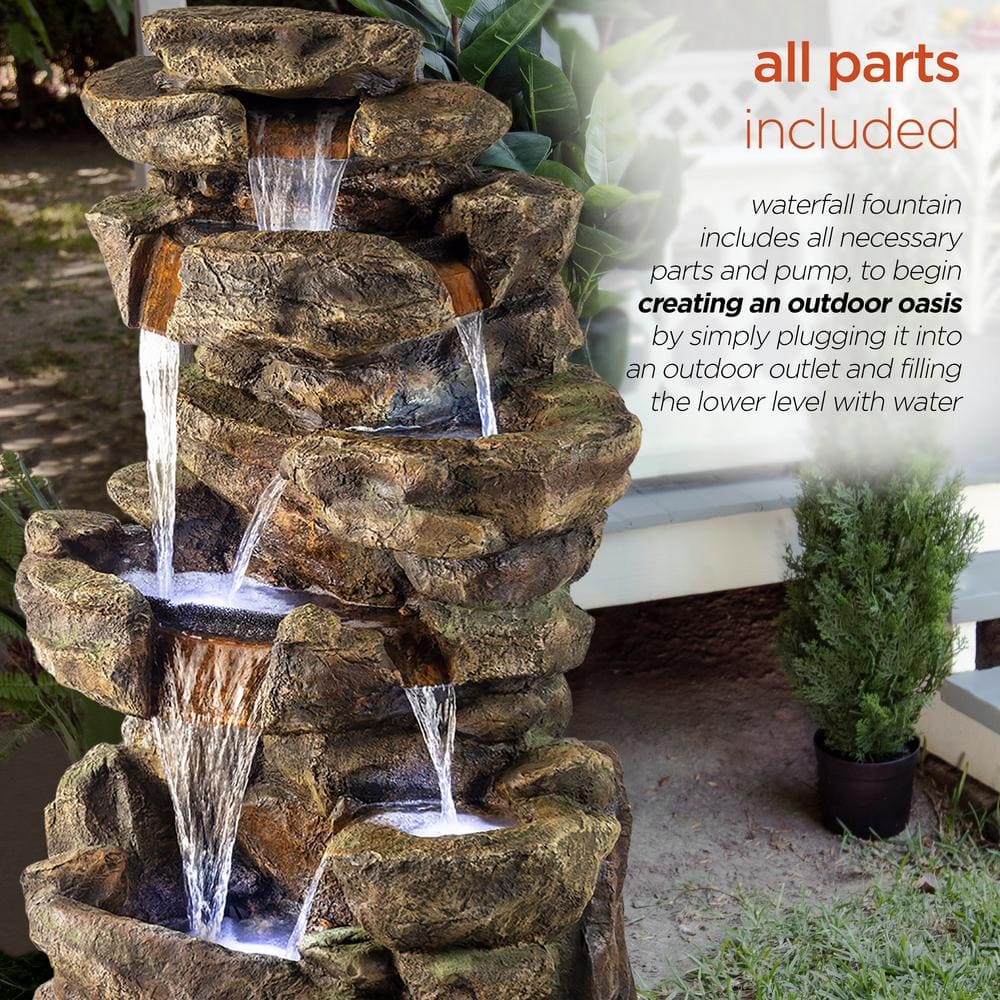 Alpine Corporation 51 in. Tall Outdoor 6-Tier Amazonian Rainforest Waterfall Fountain with 30 LED Lights TZL198