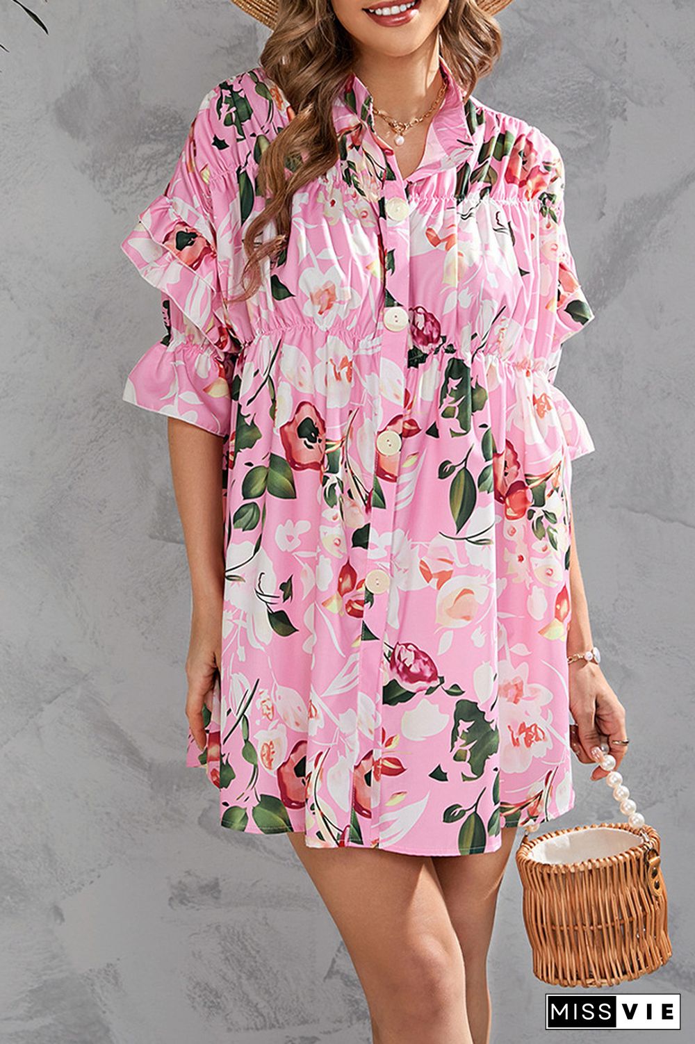 Half Sleeves Floral Button Up SHirt Dress