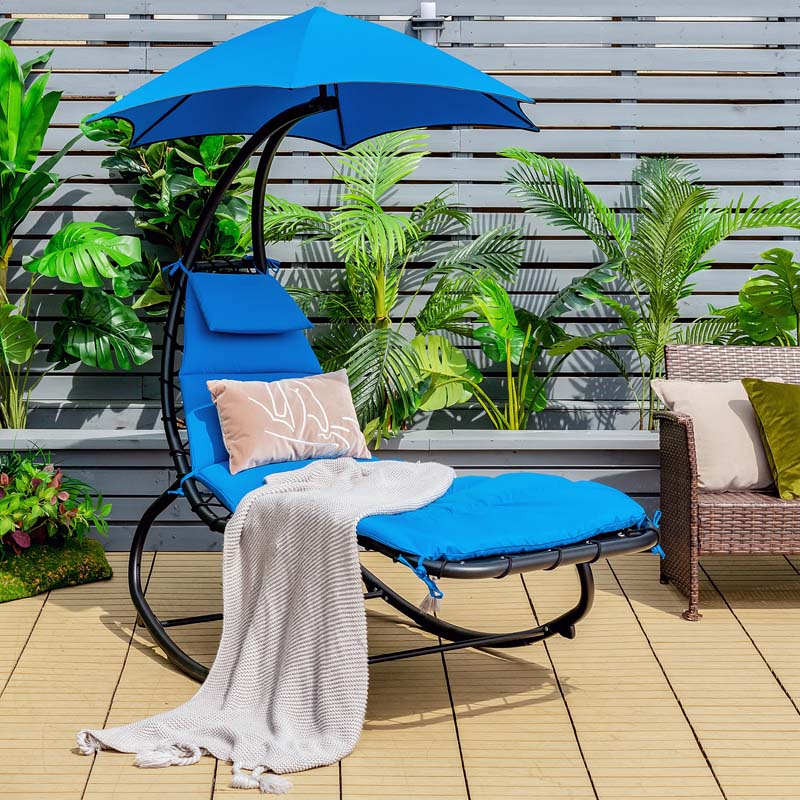 Full-Padded Hammock Chair Swing Patio Sun Lounger with Shade Canopy, Outdoor Chaise Lounge Hanging Chair for Pool Beach Deck