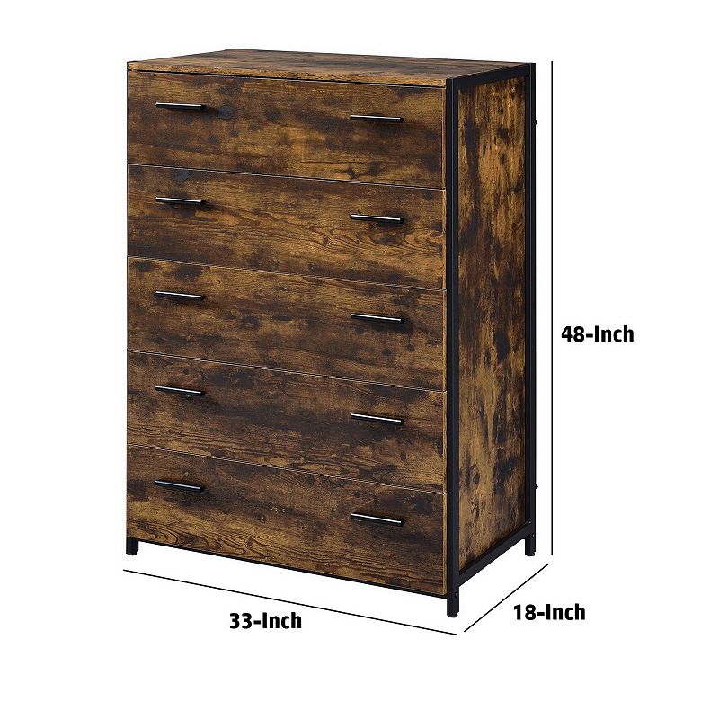 Nat 48 Inch Rustic Wood Chest， 5 Drawers， Brown and Black