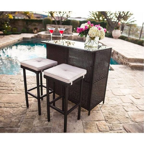 Outdoor 3Piece Black Brown Wicker Bar Set w/ Storage Shelves