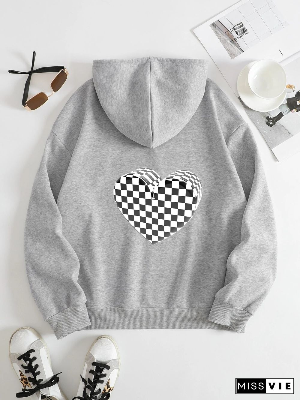 Printed on the Back Kangaroo Pocket Hoodie Long Sleeve for Women Pattern Plaid love pattern