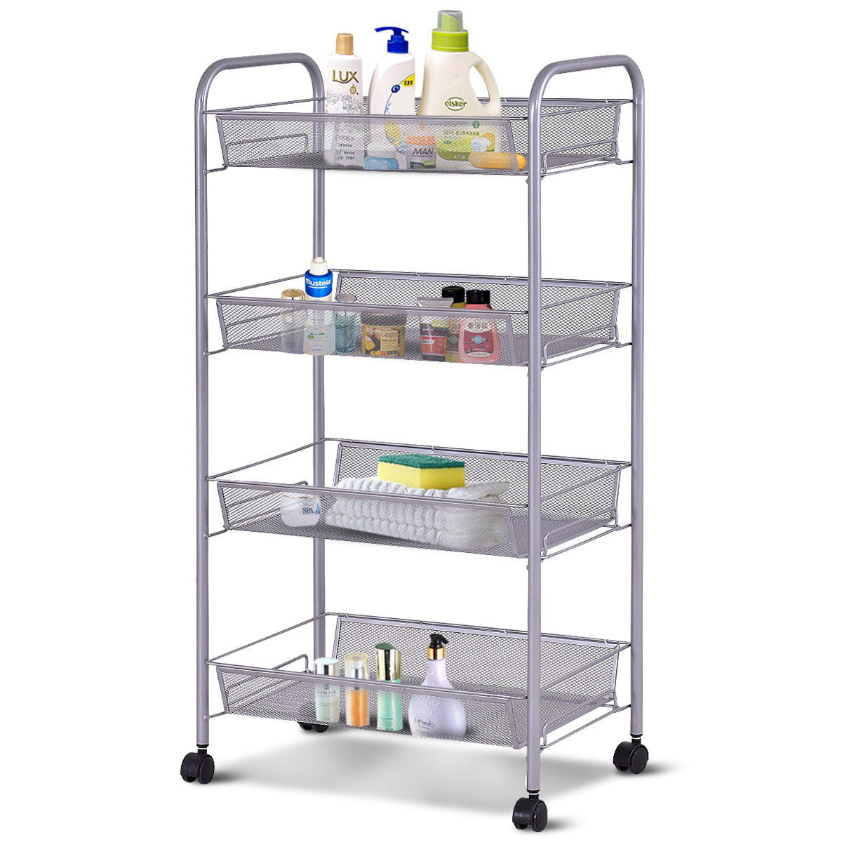 Costway 4 Tier Storage Rack Trolley Cart Home Kitchen Organizer Utility Baskets Silver Steel