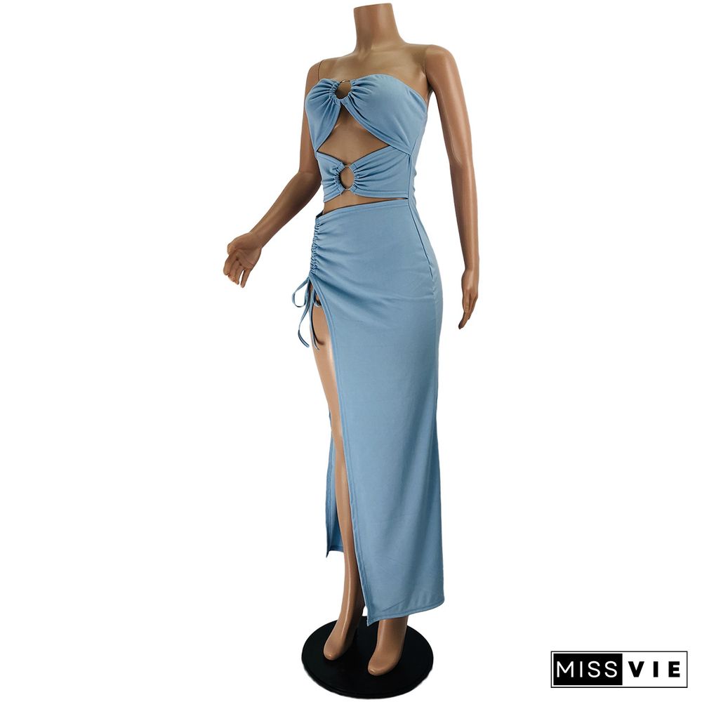 Strapless Cut Out Drawstring High Split Maxi Dresses