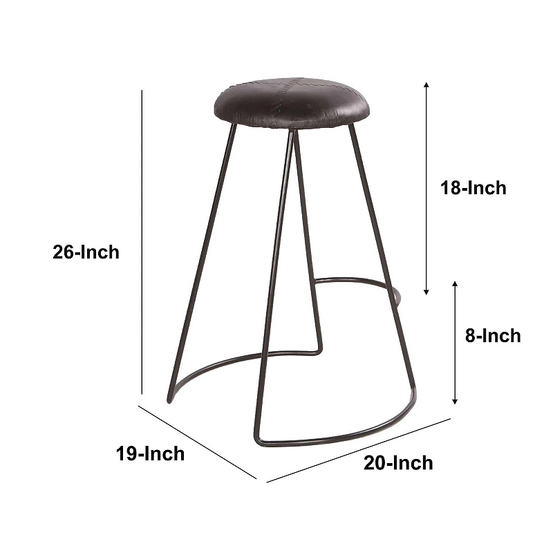 26 Inch Modern Counter Height Stool， Genuine Leather Upholstery， Metal Frame， Baseball Stitching， Black