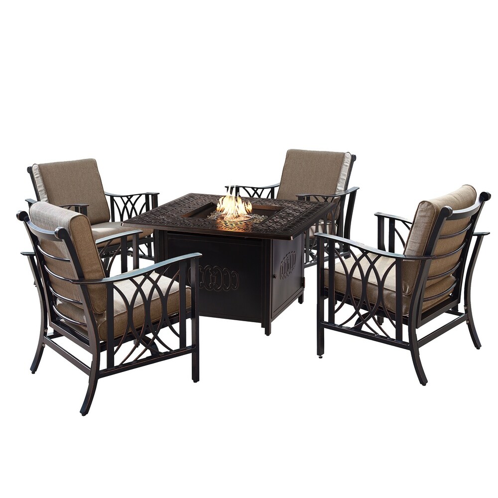 Aluminum 42 in Square Antique Copper Fire Table Set with Four Deep Seating Rocking Chairs with Accessories