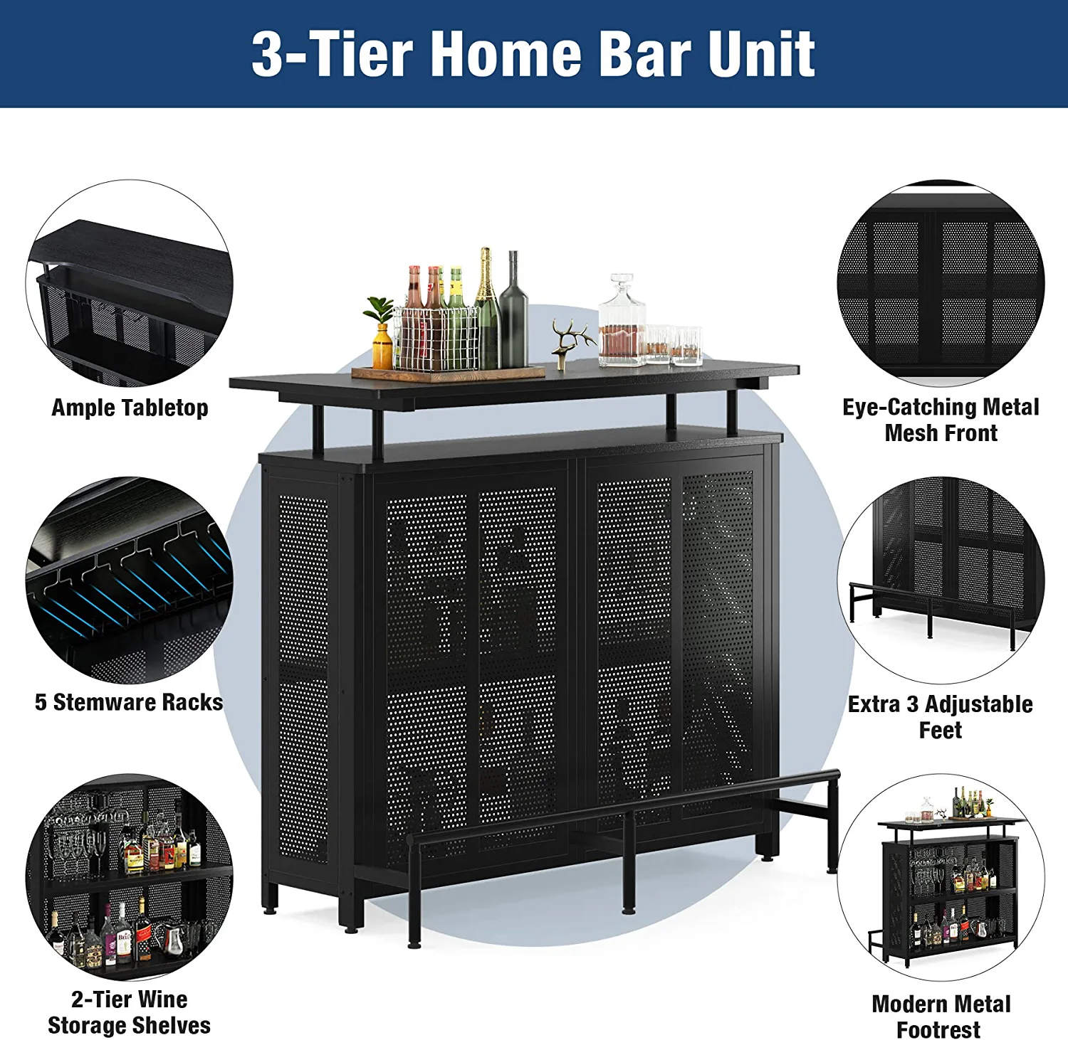 Tribesigns Home Bar Unit Mini Bar Liquor Bar Table with Stemware Racks Wine Storage and Footrest for Home Kitchen Pub， Black