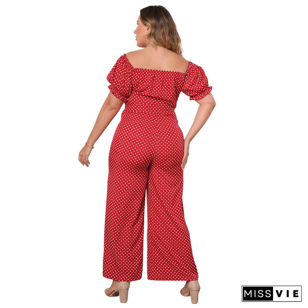 Dot Print Short Sleeve Slash Neck Wide Leg Jumpsuit