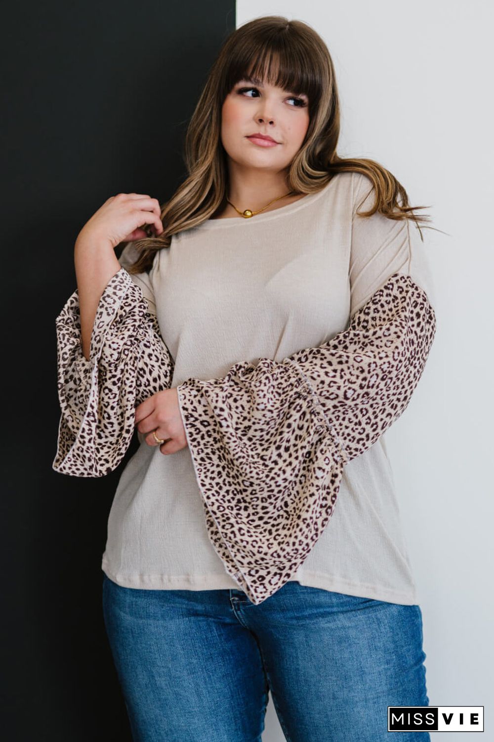 Beige Leopard Bell Sleeve Patchwork Plus Size Top