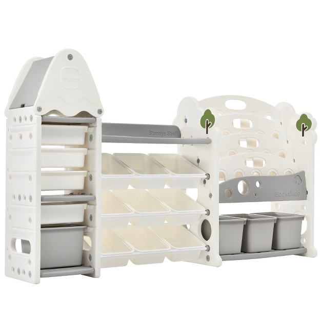 Multifunctional Kids Bookshelf With 17 Bins And 5 Bookshelves Children x27 s Toy Storage Organizer Modernluxe