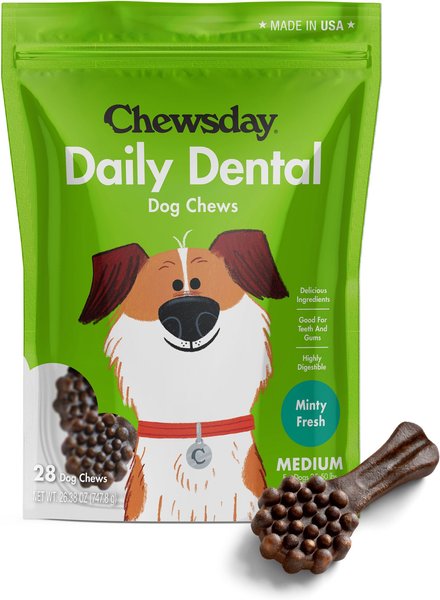 Chewsday Minty Fresh Daily Dental Dog Dental Treats， 28 count， Medium