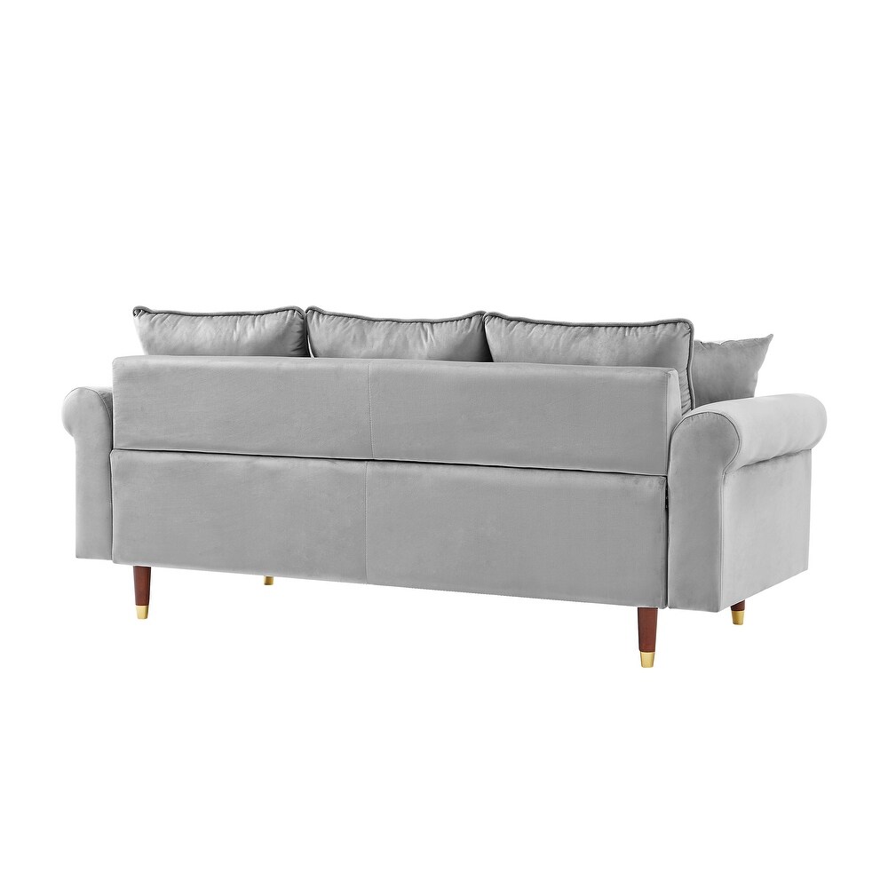 Velvet Sofa Couch With 2 Pillows  Modern 3 Seater Sofa With Wood Legs For Living Room And Bedroom