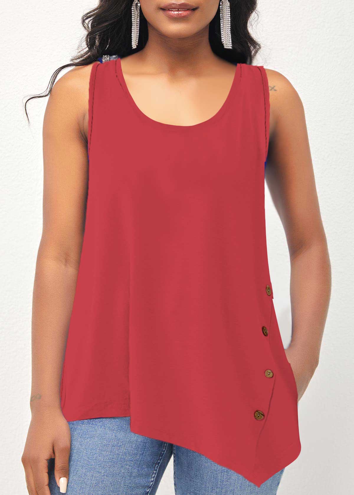 Asymmetric Hem Decorative Button Coral Red Tank Top