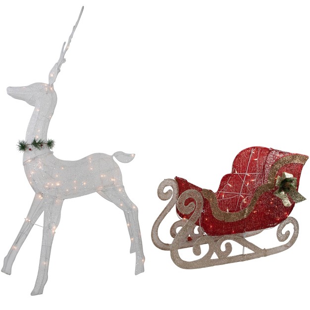 Lighted White Reindeer With Sleigh Christmas Decoration