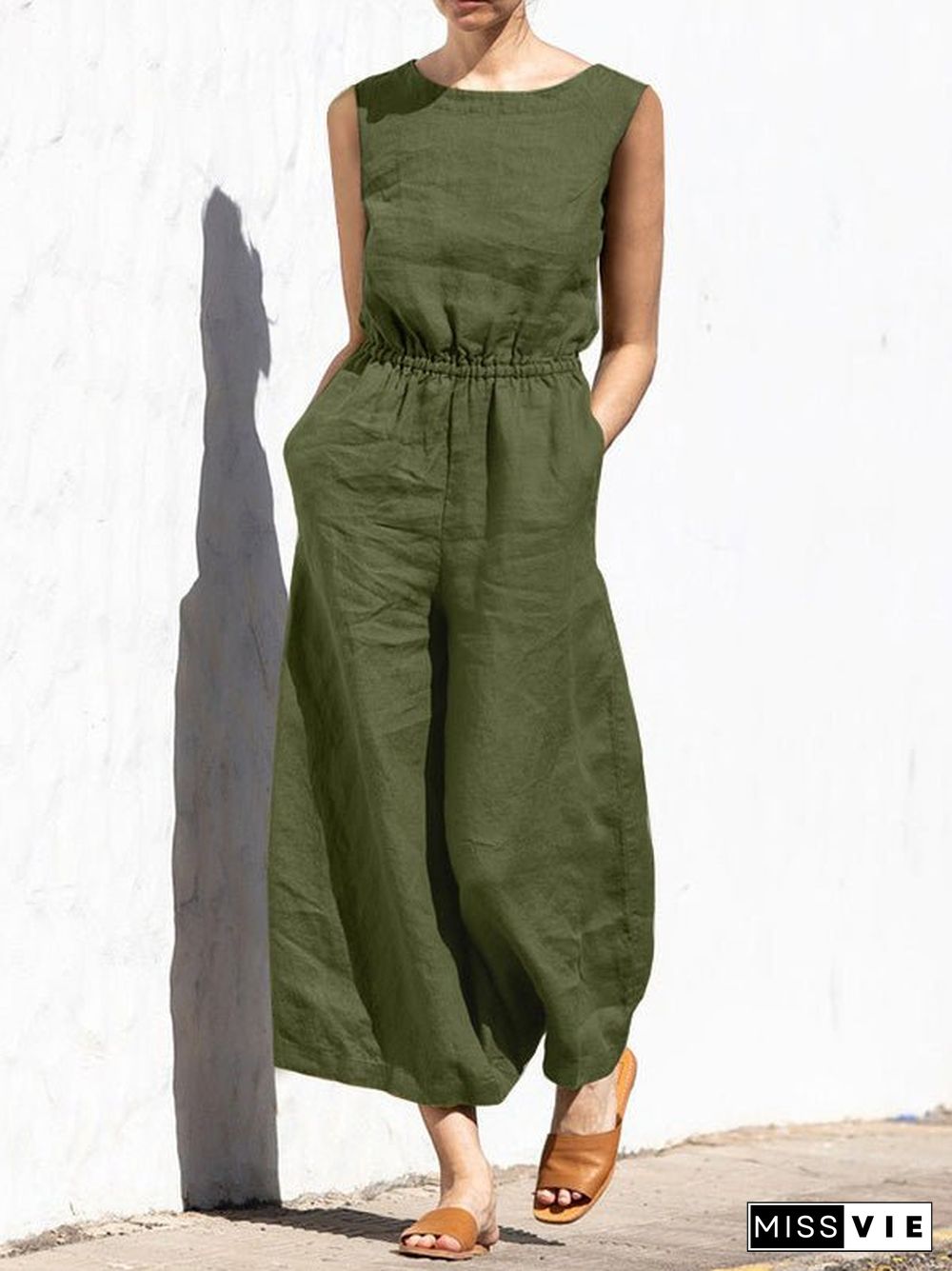 Women'S Jumpsuits Solid Elastic Waist Pocket Sleeveless Jumpsuit