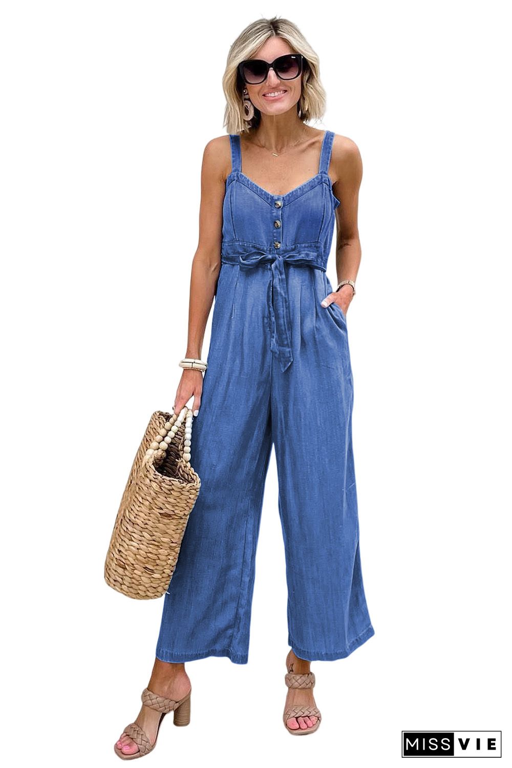 Sky Blue Buttoned Wide Leg Belted Chambray Strappy Jumpsuit