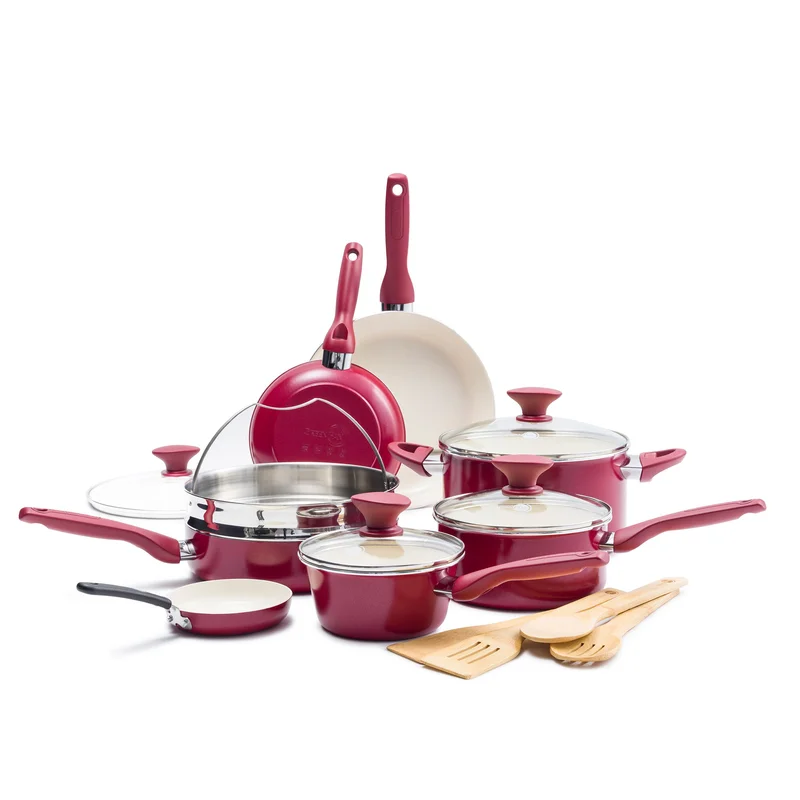 GreenPan CC002330-001 Rio Healthy Ceramic Nonstick 16 Piece Cookware Pots and Pans in Set Red