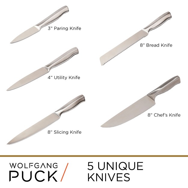 Wolfgang Puck 6 piece Stainless Steel Knife Set With Knife Block Carbon Stainless Steel Blades And Ergonomic Handles