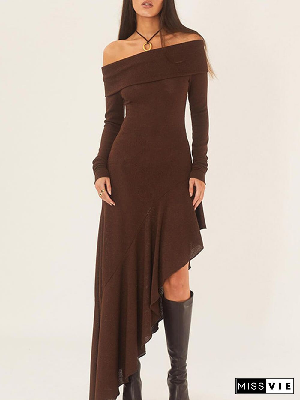 Bateau Neck Long Sleeve Maxi Dress