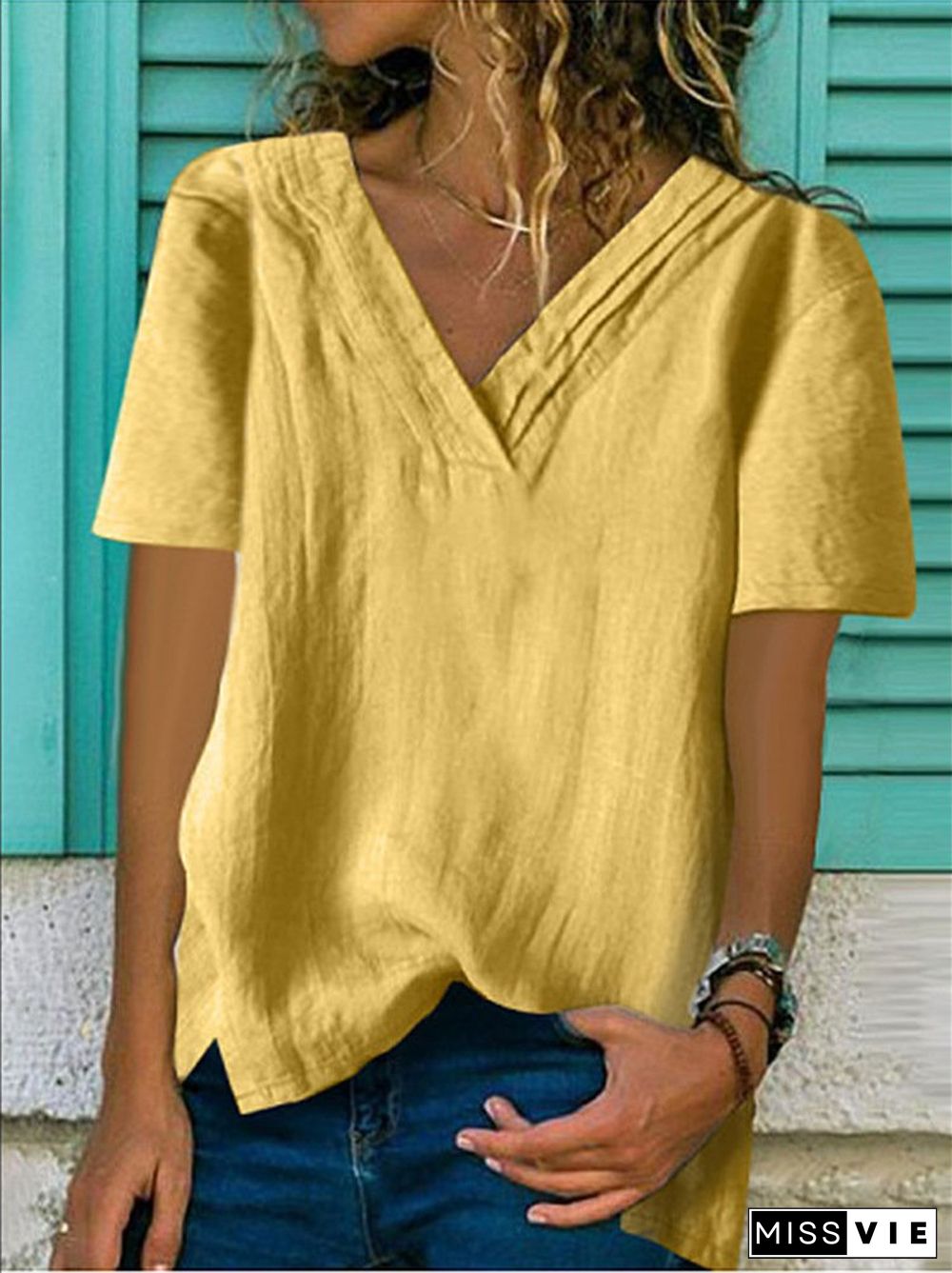 Women's Big V Neck Short Sleeve Hem Bifurcated Multi-layer Collar Pleated T-Shirt Top