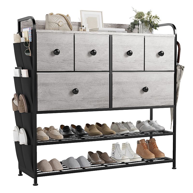 REAHOME 6 Fabric Drawer Dresser with 2 Tier Storage Shelf and Pockets， Dark Taupe