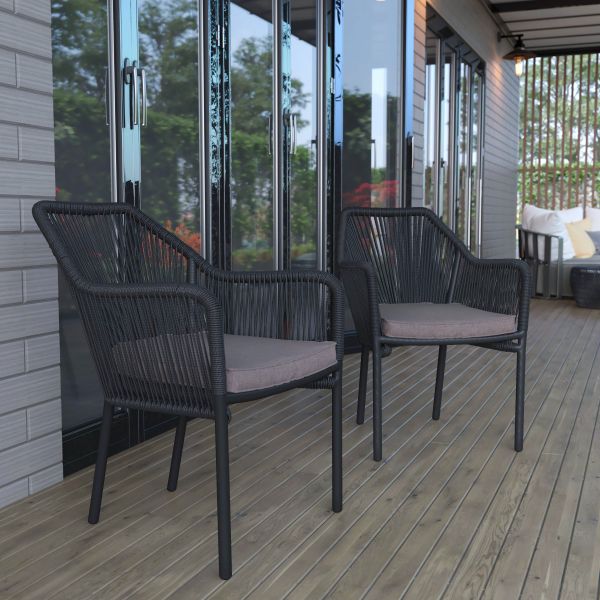 Kallie Set of 2 All-Weather Black Woven Stacking Club Chairs with Rounded Arms and Gray Zippered Seat Cushions