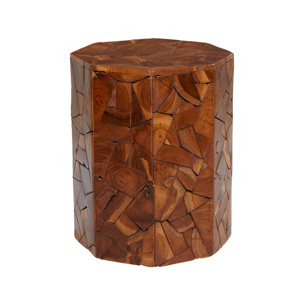 Brown Teak Wood Handmade Accent Table with Mosaic Wood Chip Design