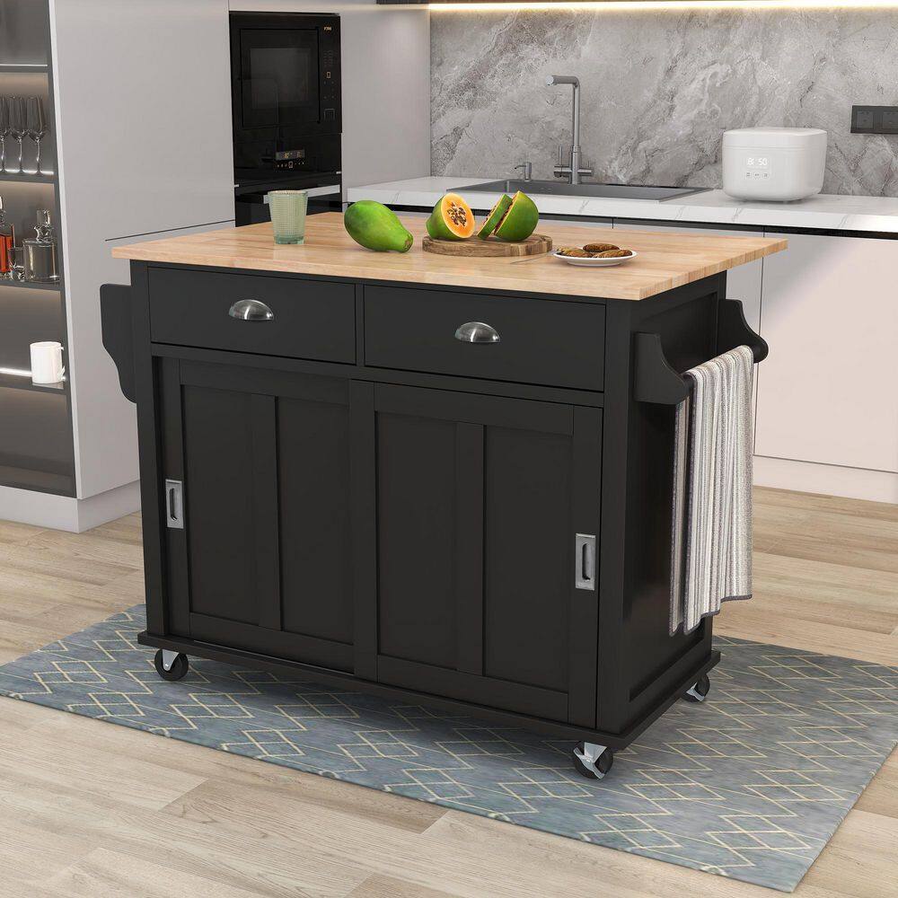 Runesay Black Kitchen Island Rubber Wood Drop-Leaf Countertop Sliding Barn Door Adjustable Height on 4-Wheels and 2-Drawers KIBK-10101