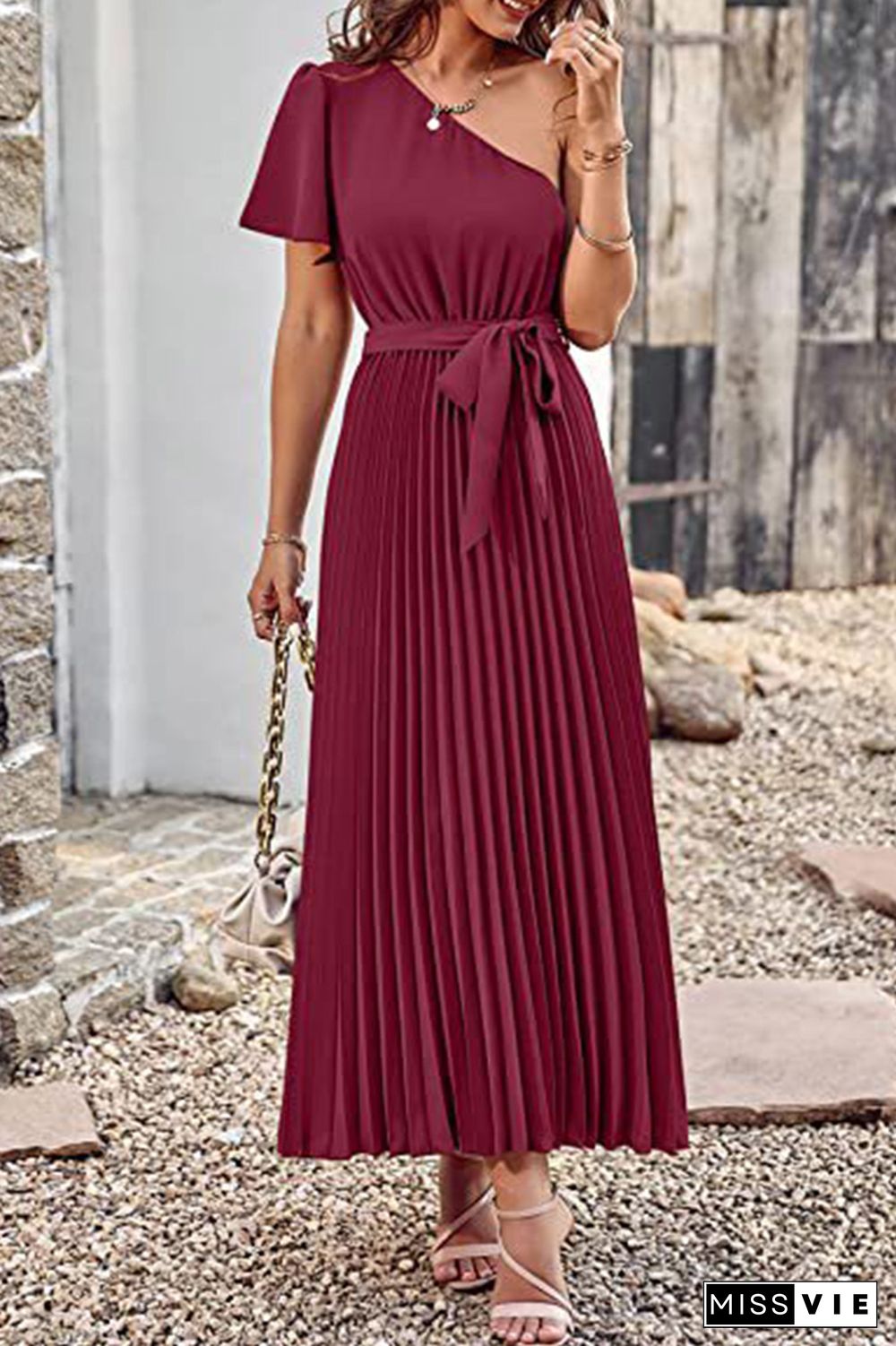 One SHoulder Short Sleeve Smock Maxi Dress